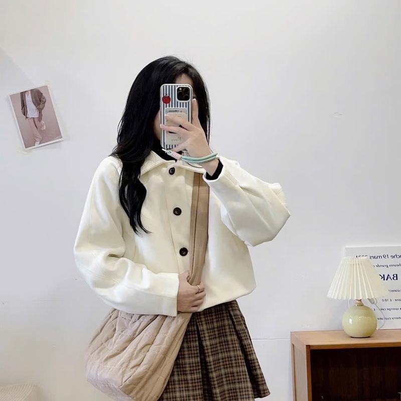Áo Khoác Nữ Dạ Ép 2 Lớp Dáng Croptop Tay Phồng Phong Cách Hàn Quốc Hàng Loại 1- Women, Jacket Kem Sen Nhung áodạ