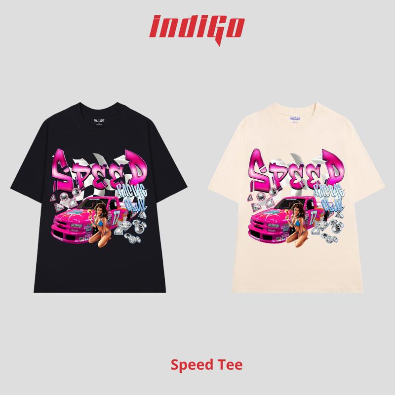 Áo thun unisex nam nữ INDIGO SPEED, áo thun cổ tròn form rộng chất liệu cotton kiểu dáng oversize. TS010 Women Đen Top 1