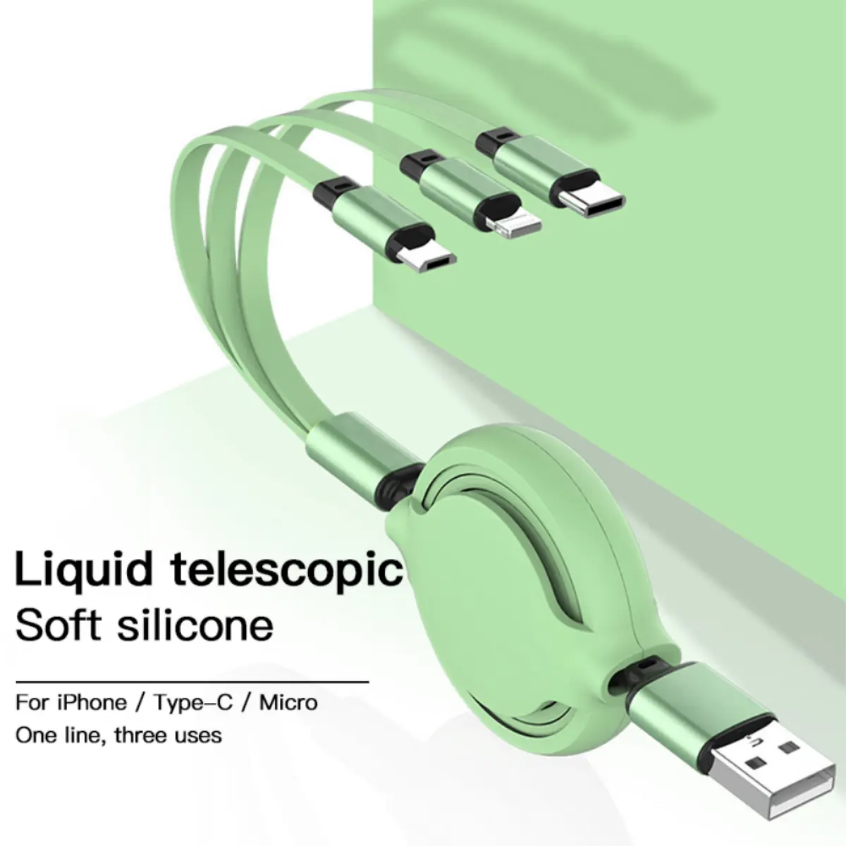 3in1 Kabel Data / Charger Micro USB / Type C Fast Charging Bahan Silikon Untuk Panjang Ponsel Pengisi Ungu Hitam Pink Putih Cable