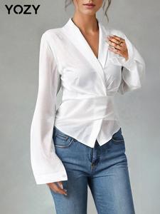 YOZY Women's Plain Tie Back Wrap Blouse, Casual V Neck Top for Spring & Fall, Women's Clothing for Daily Wear