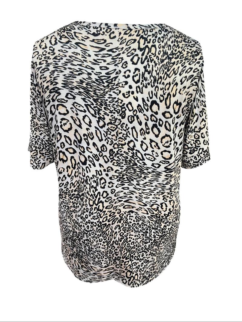 Product Introduction of 【Plus Size】 Leopard Print Batwing Sleeve Tee, Casual Short Sleeve Scoop Neck T-Shirt for Summer, Women's Plus Size Clothing for Daily Wear 7