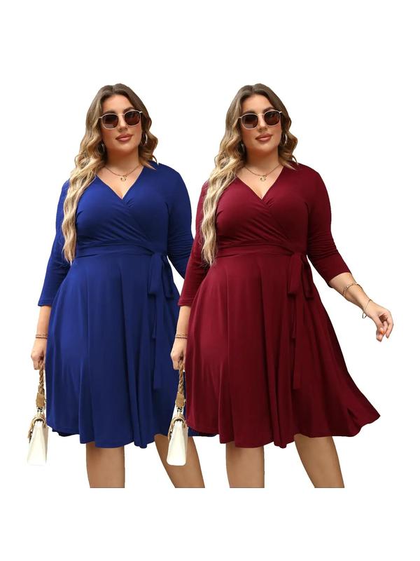 【Plus Size】Trendy Plain Wrap V Neck Belted A Line Plus Size Dress, Women's 3/4 Length Sleeve Solid Dress, Summer Dresses, Womenswear 8