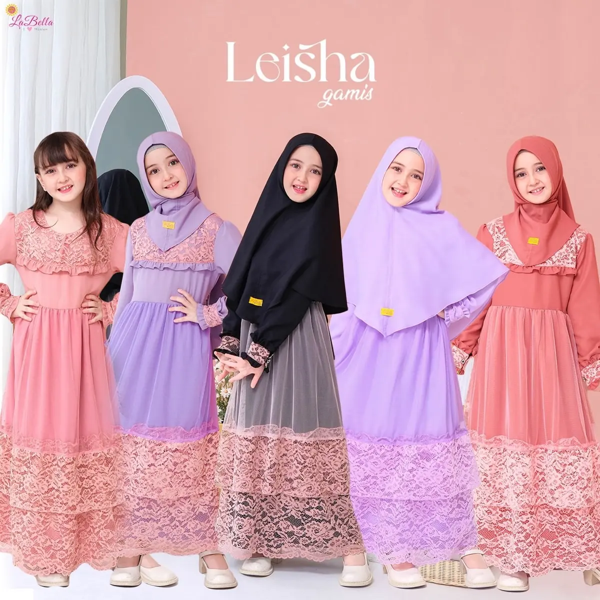 Gamis Leisha Anak pesta Mewah Brokat Labella Polos Kancing Kerah Muslim Wanita Dress Syari Baju Remaja Lebaran Renda Brokat Crinkle Dewasa