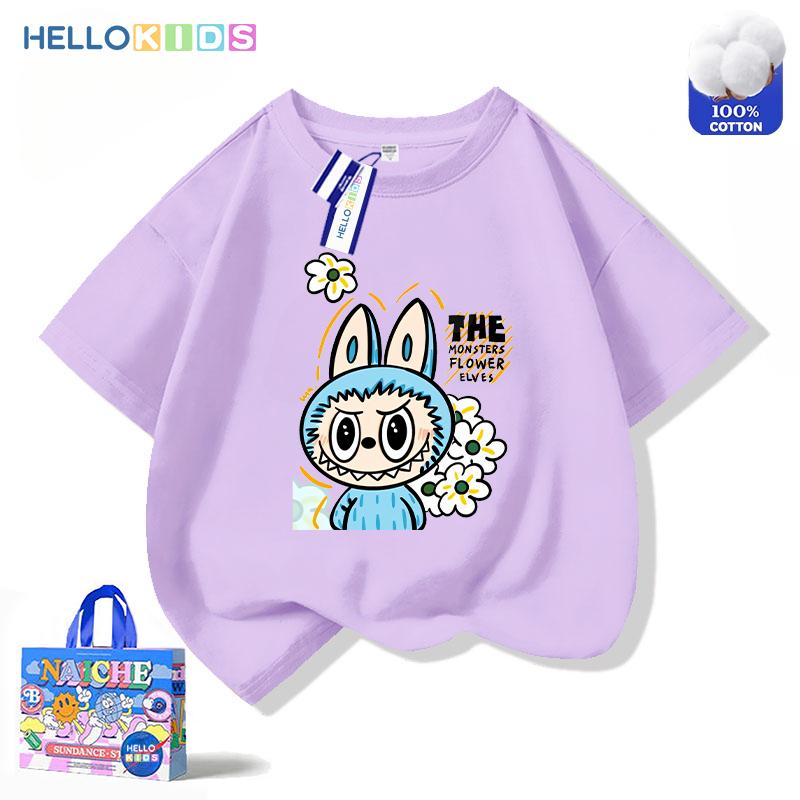 Áo Thun Ngắn Tay 100% Cotton, In Hình Labubu, Phong Cách Dễ Thương, Thời Trang Trẻ Em, Áo Thường Ngày 2