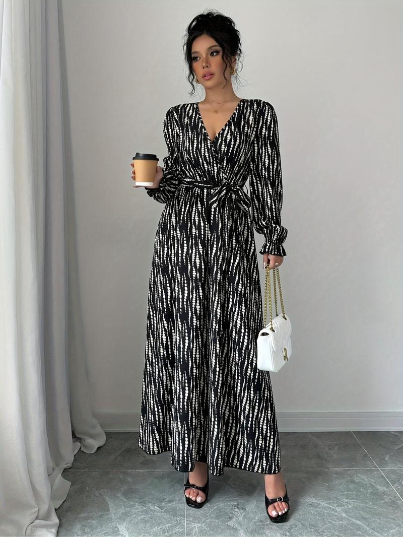 Product Introduction of Women's Polka Dot Print V Neck Belted Dress, Elegant Long Sleeve Dress for Spring & Fall, Women's Clothing for Daily Wear 5