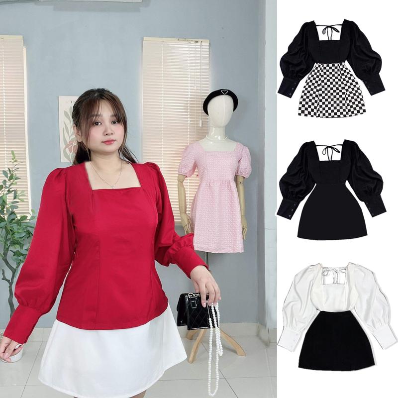 Sét bộ áo cổ vuông tay phồng chân váy quần dáng A bigsize 55kg - 95kg phù hợp mặc đi chơi, đi tiệc