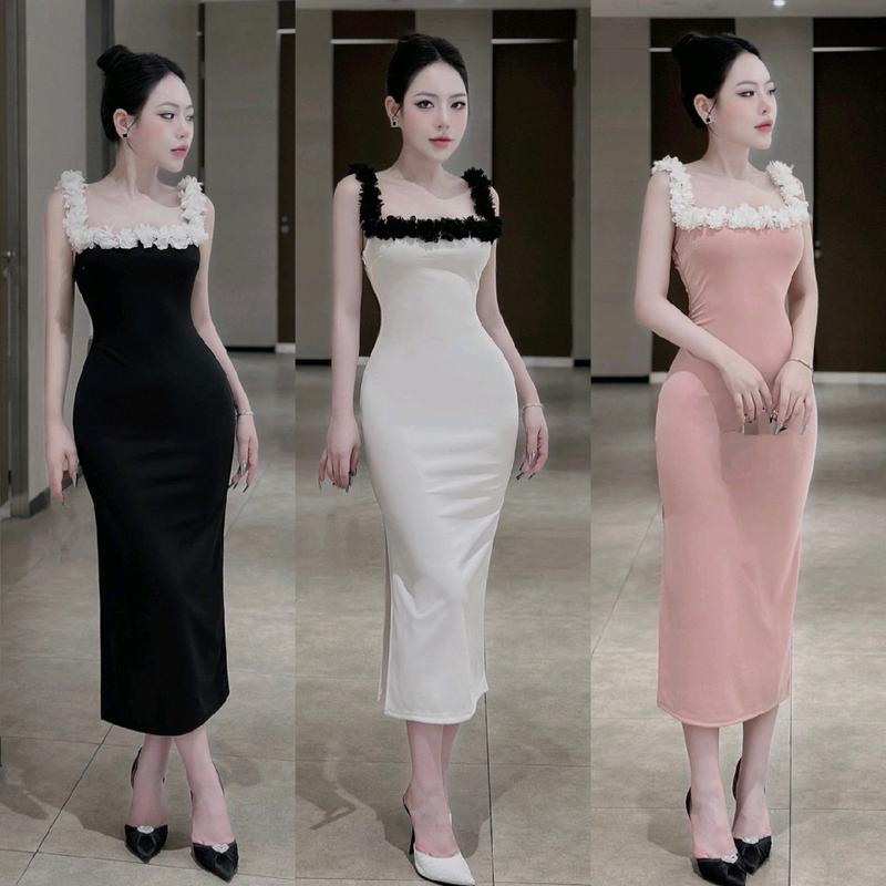 Váy đầm nữ hai dây hoa form dáng dài xoè xẻ tà L1 phối siêu sexy xinh xắn diện đi chơi dự tiệc Women Dress Trắng Nhung