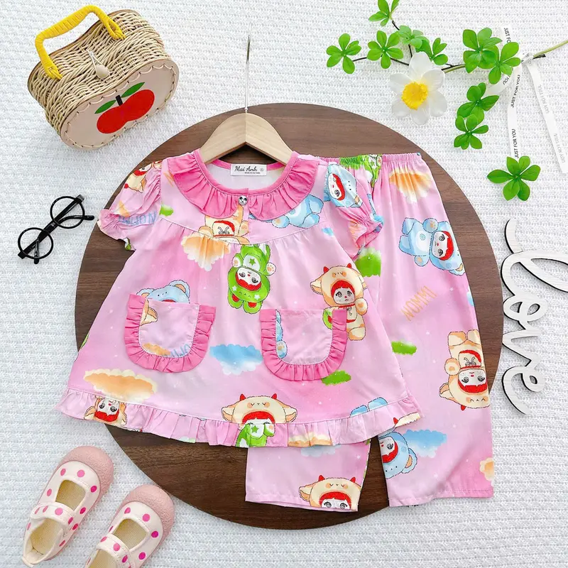 [9-42kg] Tay ngắn quần dài bèo màu bé gái, tole/lanh hàng thiết kế, đồ bộ bé gái, đồ dài mặc nhà cho bé siêu xinh, dễ thương đồ ngủ 5