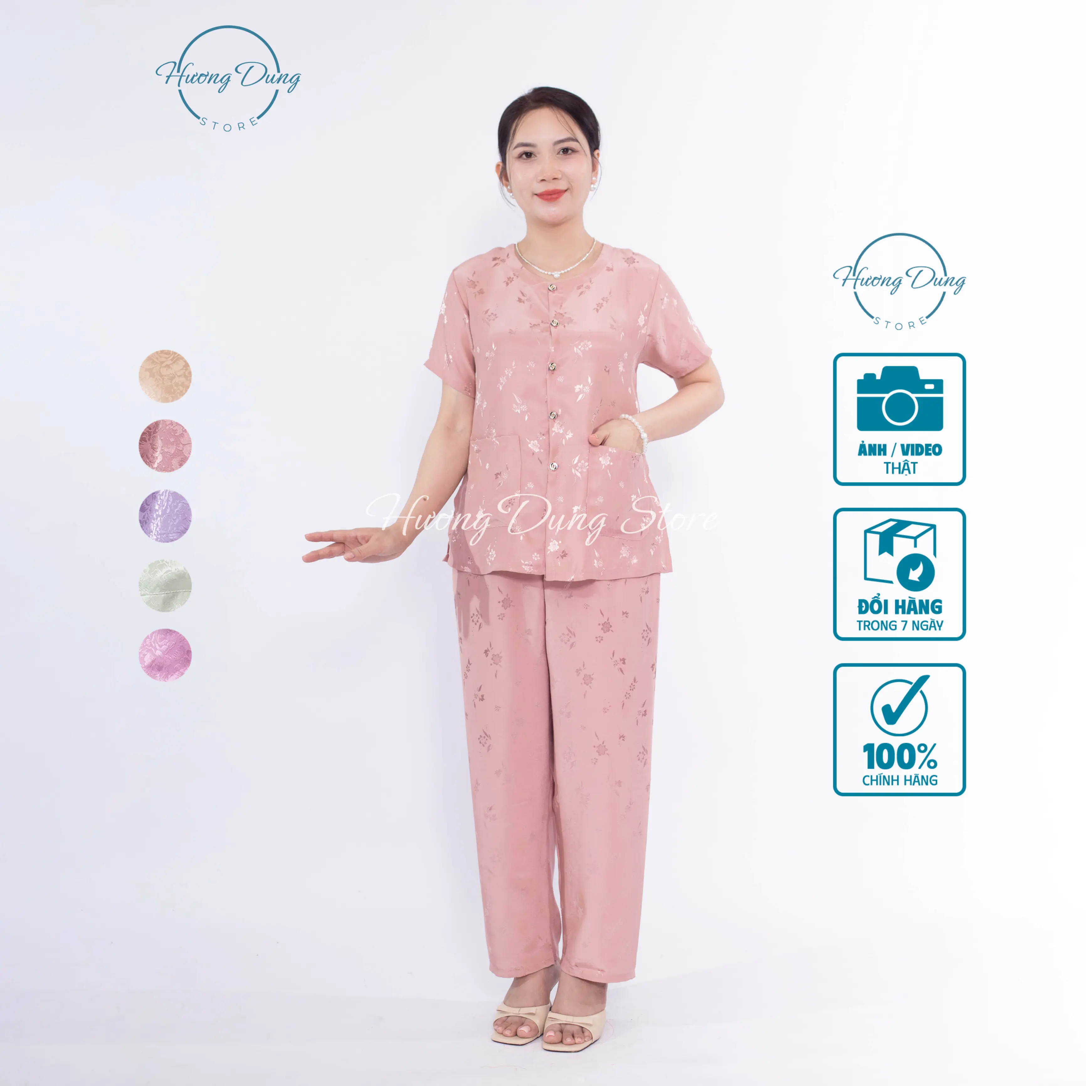 Đồ Bộ Trung Niên Gấm Lụa Việt Cao Cấp Hương Dung Tay Ngắn Thanh Lịch, Sang Trọng