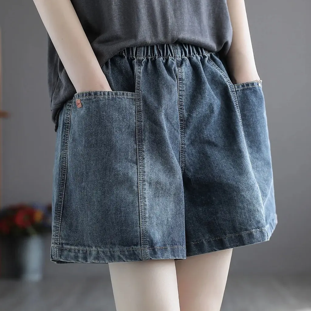 【40-90KG】Women Plus SIze Loose Large Pocket Denim Wide-leg Short Pants C9280