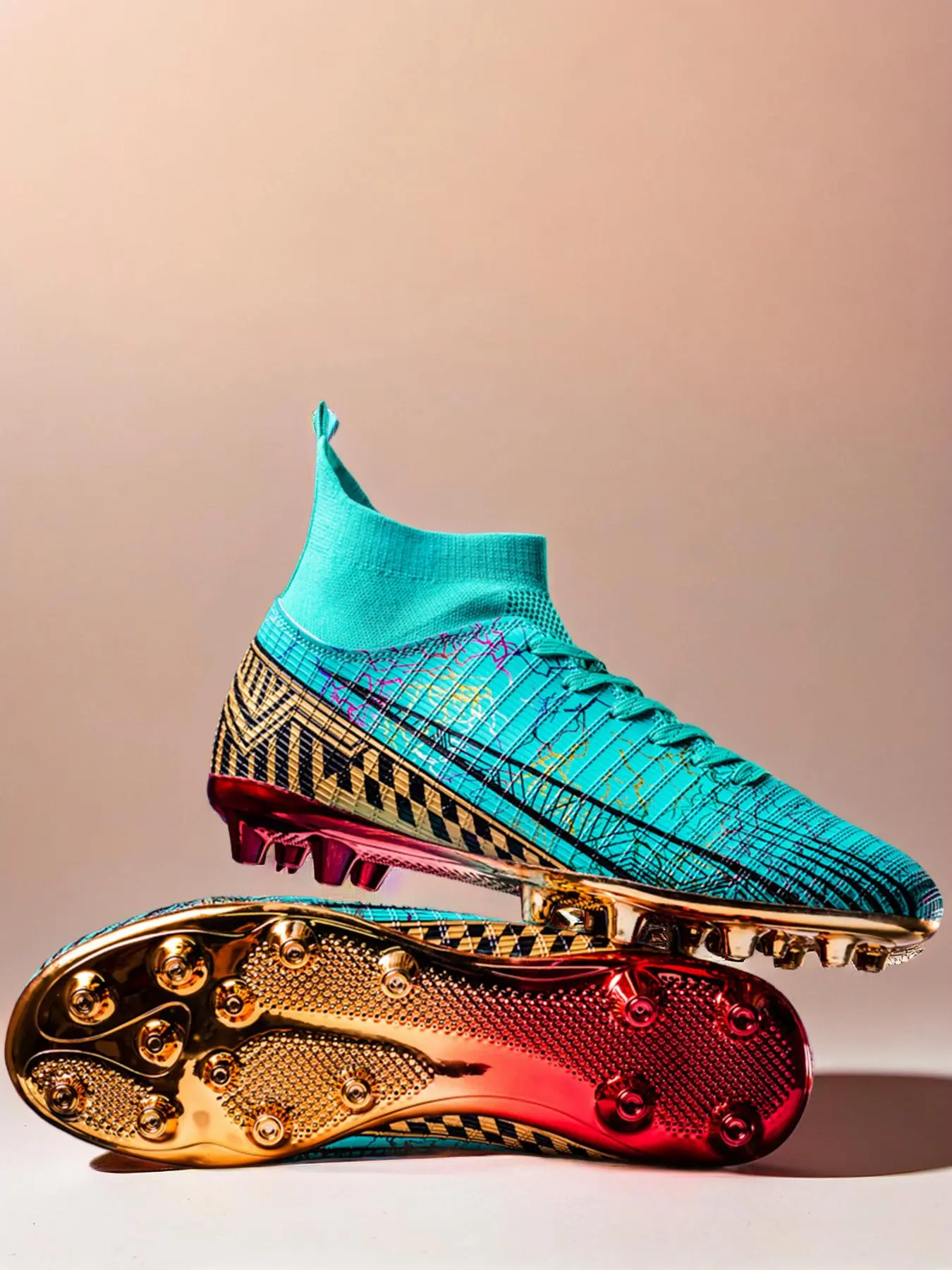 Summer Unisex's Colorful Lightning Pattern Non-slip Soccer Shoes, High Top Football Cleats for Men & Women, 2024 Sports Footwear, Sporty Shoes for Competition