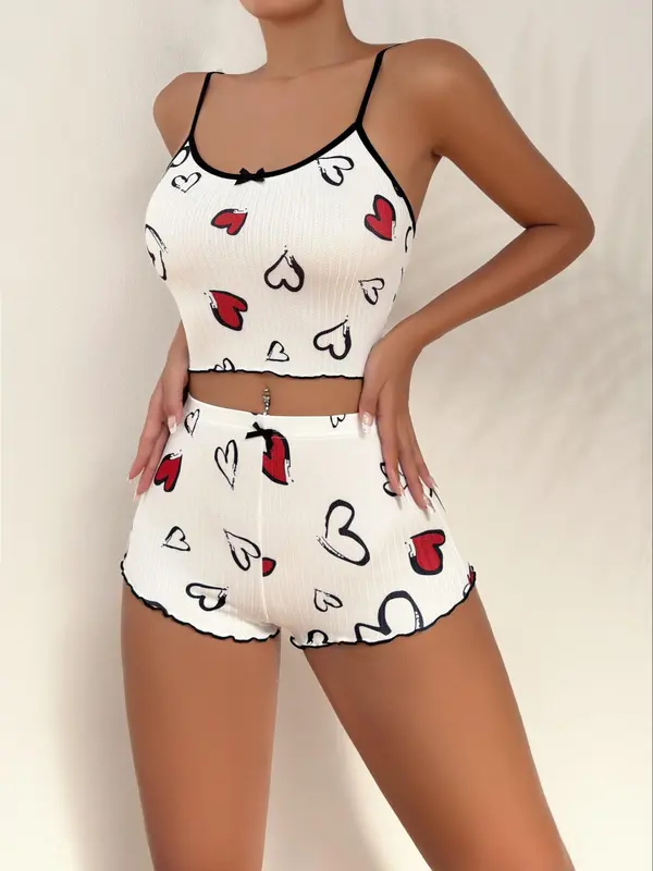 Christmas Gift Women's Heart Print Lettuce Trim Pajama Set, Casual Comfort Sleeveless Cami Crop Top & Elastic Waist PJ Shorts, Summer Wear 2024, Women's Tighten Pants, Lady Chic Homewear Loungewear Pyjamas Womenswear Lingerie 3