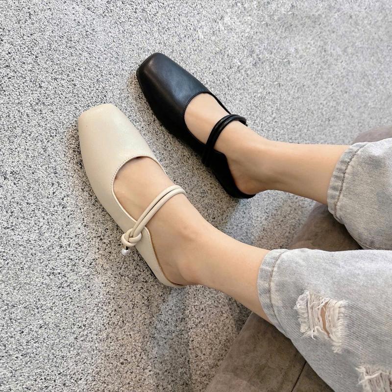 Giày sục da mịn dây ngang đính hạt ngọc đế bệt dẻo mềm êm - Shoes - DéP 4