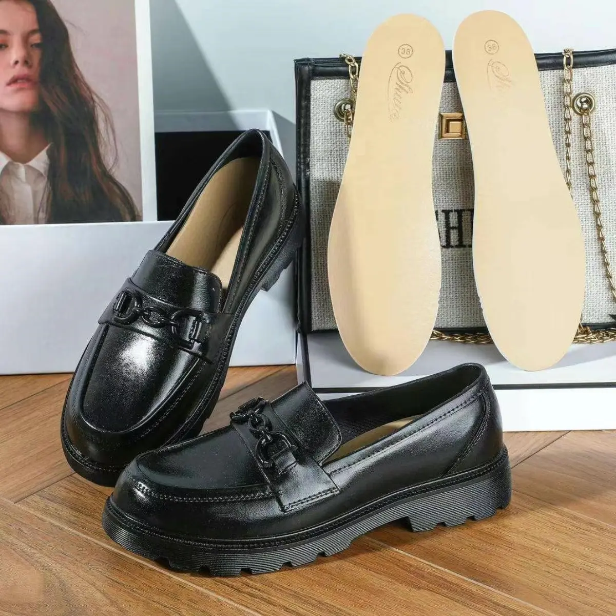 Women's black shoes 653#Korean fashion black shoes 3CM student shoes casual work shoes standard size Walking Shoes Girl 0110523