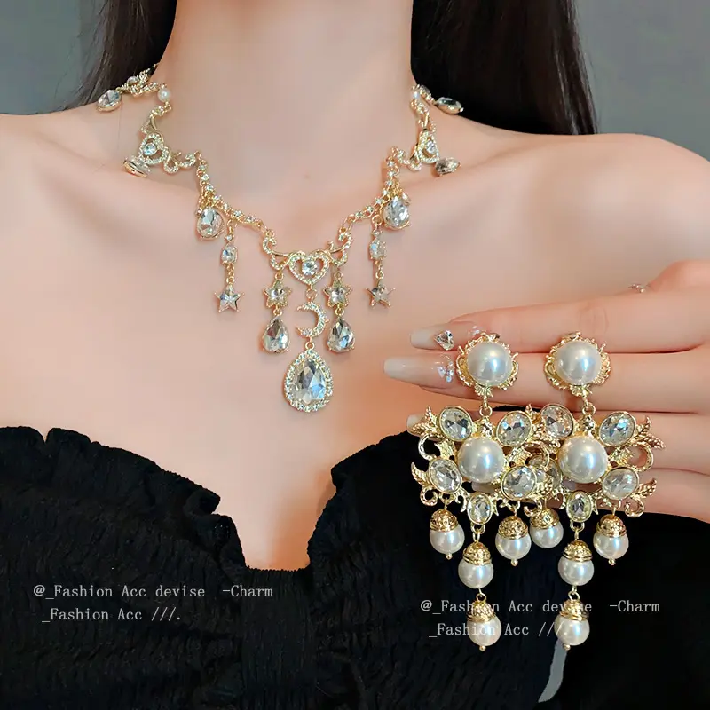 Vòng Cổ Ngọc Trai Mặt Trăng Trái Tim, Thiết Kế Đá Quý Dát, Phong Cách Cổ Điển Châu Âu Và Mỹ, Thiết Kế Đẹp, Dây Chuyền Xương Đòn Độc Đáo, Phong Cách Thanh Lịch Cỡ Lớn