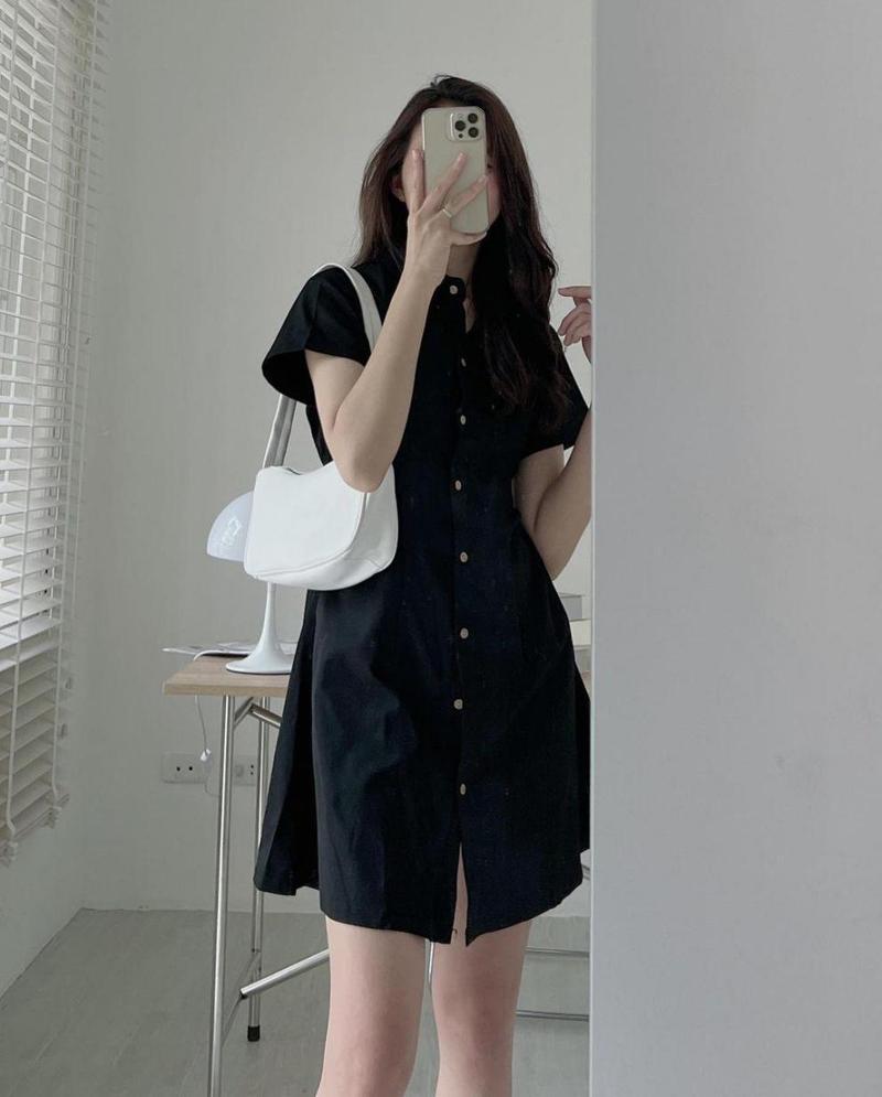 Product Introduction of Y#0925-03  Minimalist style lapel dress, Korean version summer single breasted, waist cinching short sleeved shirt dress, solid color dress Casual Womenswear Lingerie Gowns Basic Women Lady Casual Wear Comfort Dresse Button 4