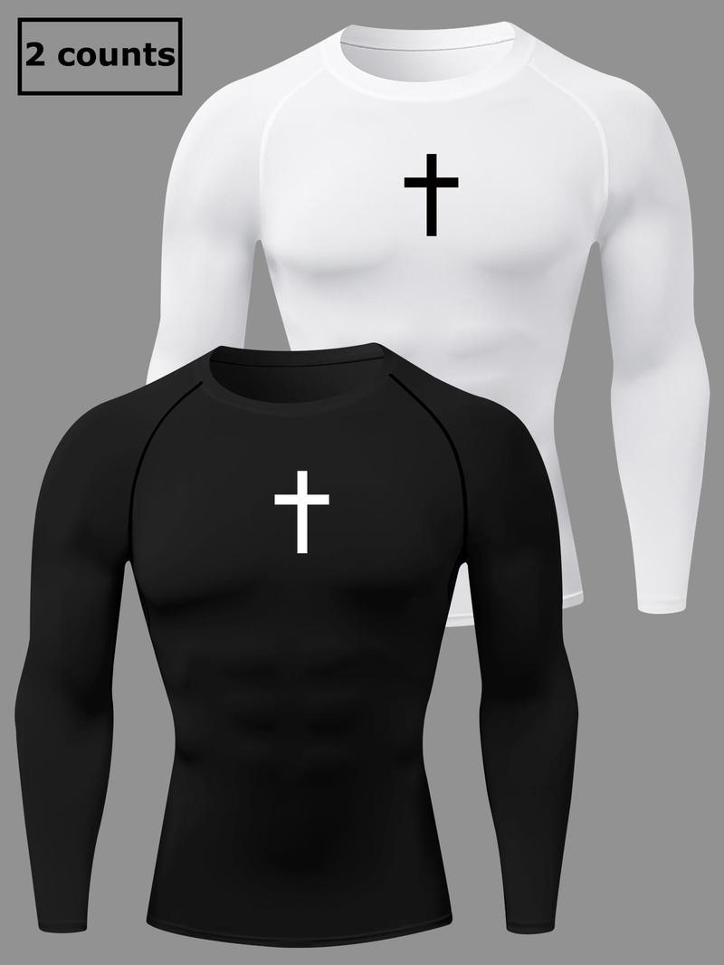 Product Introduction of Men's Cross Print Round Neck Sports Tee, Tight Sporty Quick Drying Breathable Long Sleeve T-shirt, Men's Sportswear for Spring & Fall Gym Workout, Graphic Tees, Workout Clothes 11