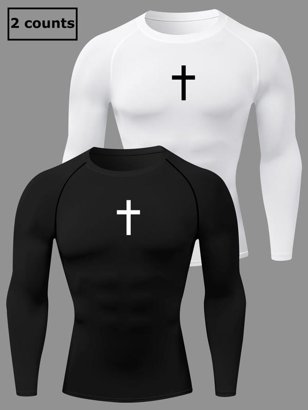 Men's Cross Print Round Neck Sports Tee, Tight Sporty Quick Drying Breathable Long Sleeve T-shirt, Men's Sportswear for Spring & Fall Gym Workout, Graphic Tees, Workout Clothes 5