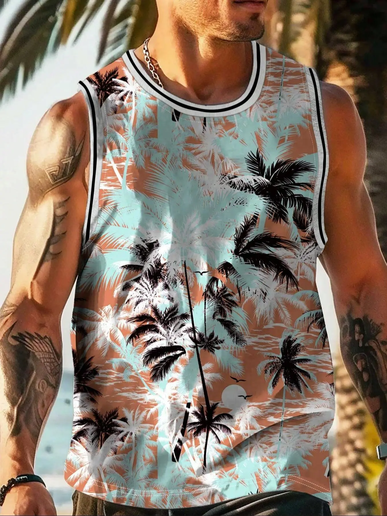 Men's Tree Print Tank Top, Casual Sleeveless Vest for Summer, Fashion Men's Top for Beach Vacation