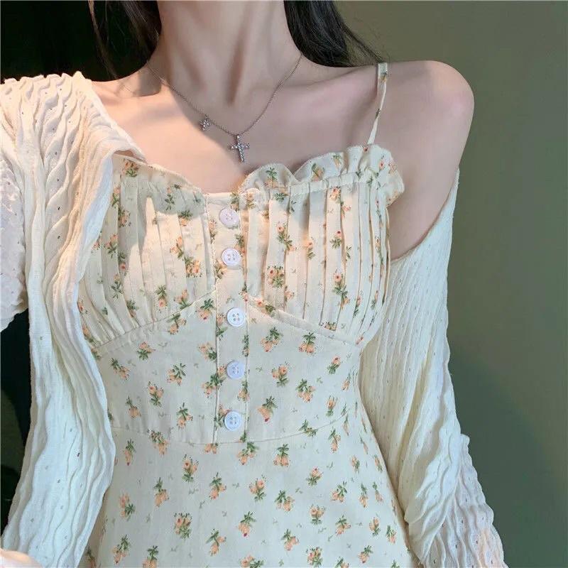 HT01 Váy Hai Dây Hoa Nhí/ Áo Khoác Cardigan Mỏng Nàng Thơ Nữ Đầm  Women Dress