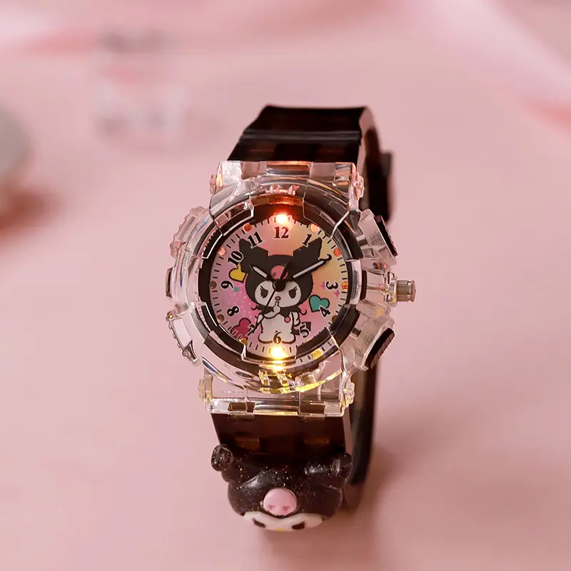 TOP Cartoon Sanrio Kuromi Luminous Electronic Watch Women's Primary and Secondary School Children's Watch Digital Pointer Quartz Watch Out Fit for Women