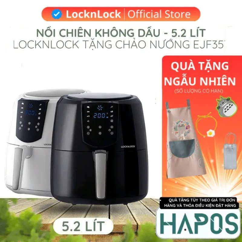 Nồi chiên không dầu LocknLock Chính hãng 5.2 Lít 1800W - Tặng chảo nướng 1,7L, Găng tay EJF357 - HAPOS MALL OFFICIAL 0
