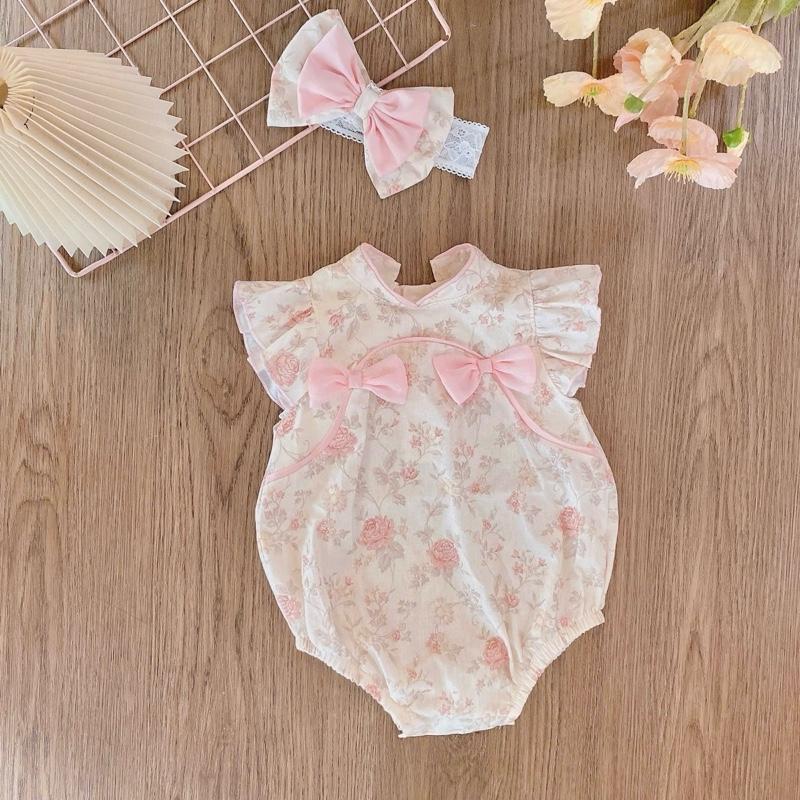  Bodysuit Cho Bé Thô Boi Hoa Hồng Cổ Tàu Kèm Turban Ren Nơ Xinh Xắn 
