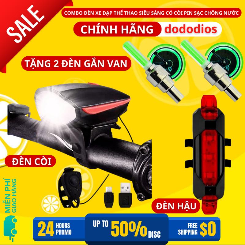Combo Đèn Xe Đạp Thể Thao Siêu Sáng Có Còi Pin Sạc Chống Nước + Đèn Chiếu Hậu Cảnh Báo Mã 02 TẶNG 2 ĐÈN GẮN VAN XE Gắn Xe Đạp Đạp Xe Đạp Sports Led