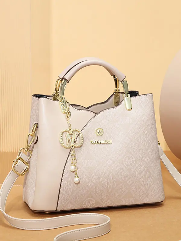Summer Outfits 2024 Vintage Presbyopia Geometric Print Handbag for Women, New Trendy Bowknot Twilly Satin Scarf Decorated Pu Leather Pocket Designer Commuter Crossbody Bag, Everyday Bag 7