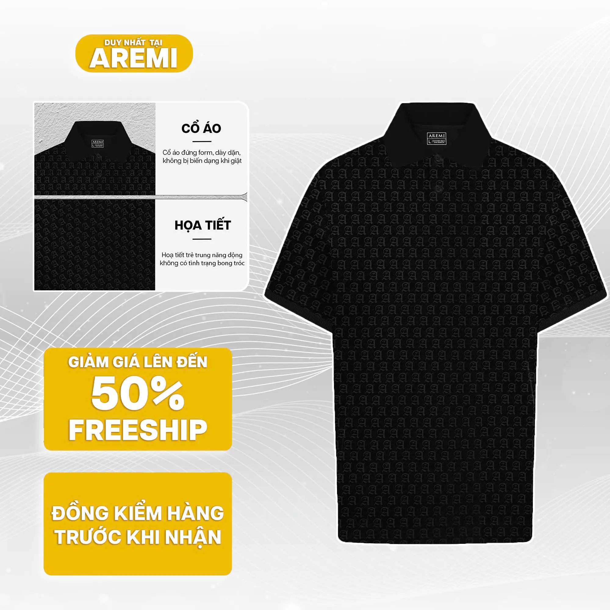 Áo Polo nam cổ trụ tay ngắn AREMI, màu đen in thiết kế độc đáo phong cách sang trọng APL0074 Menswear Có Cổ Shirt Cộc Tay