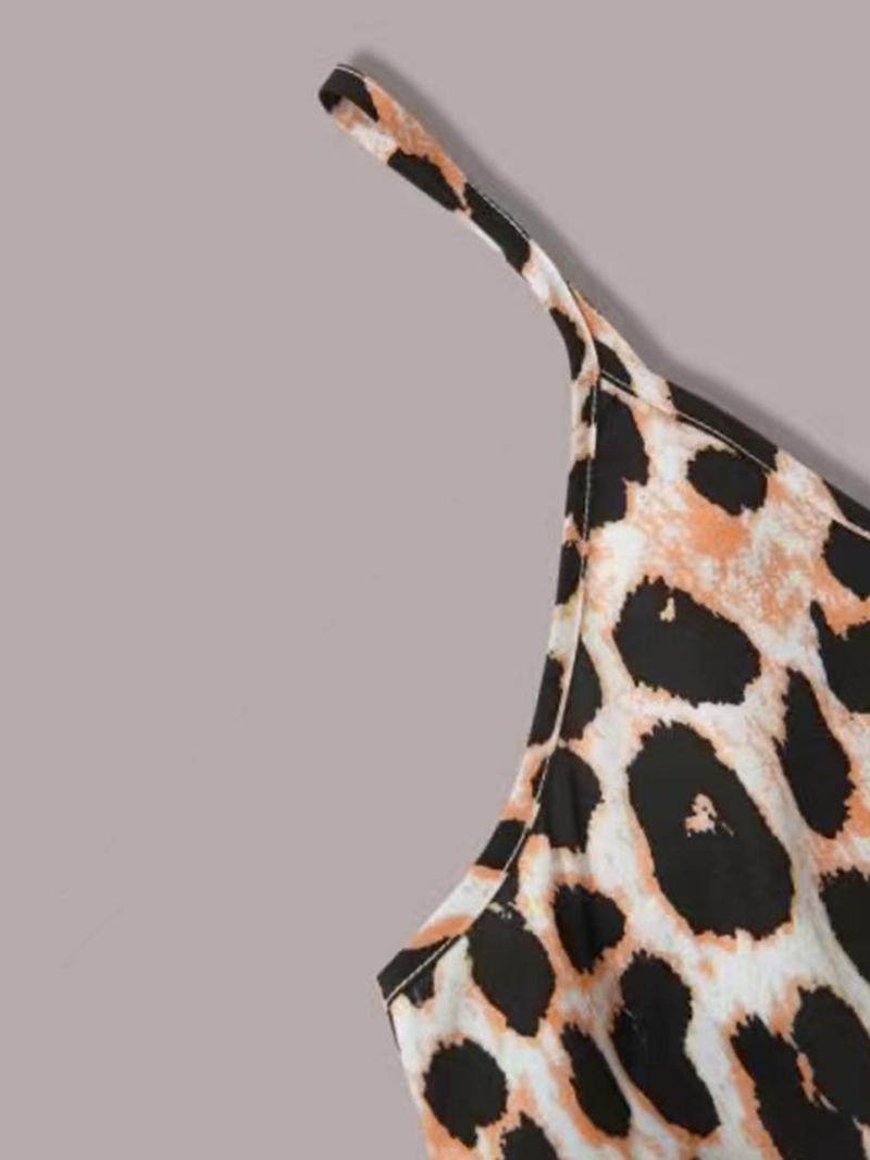 Product Introduction of Women's Leopard Print V Neck Cami Romper, Casual Adjustable Strap Sleeveless Romper for Summer, Fashion Women's Clothing for Daily Wear 5