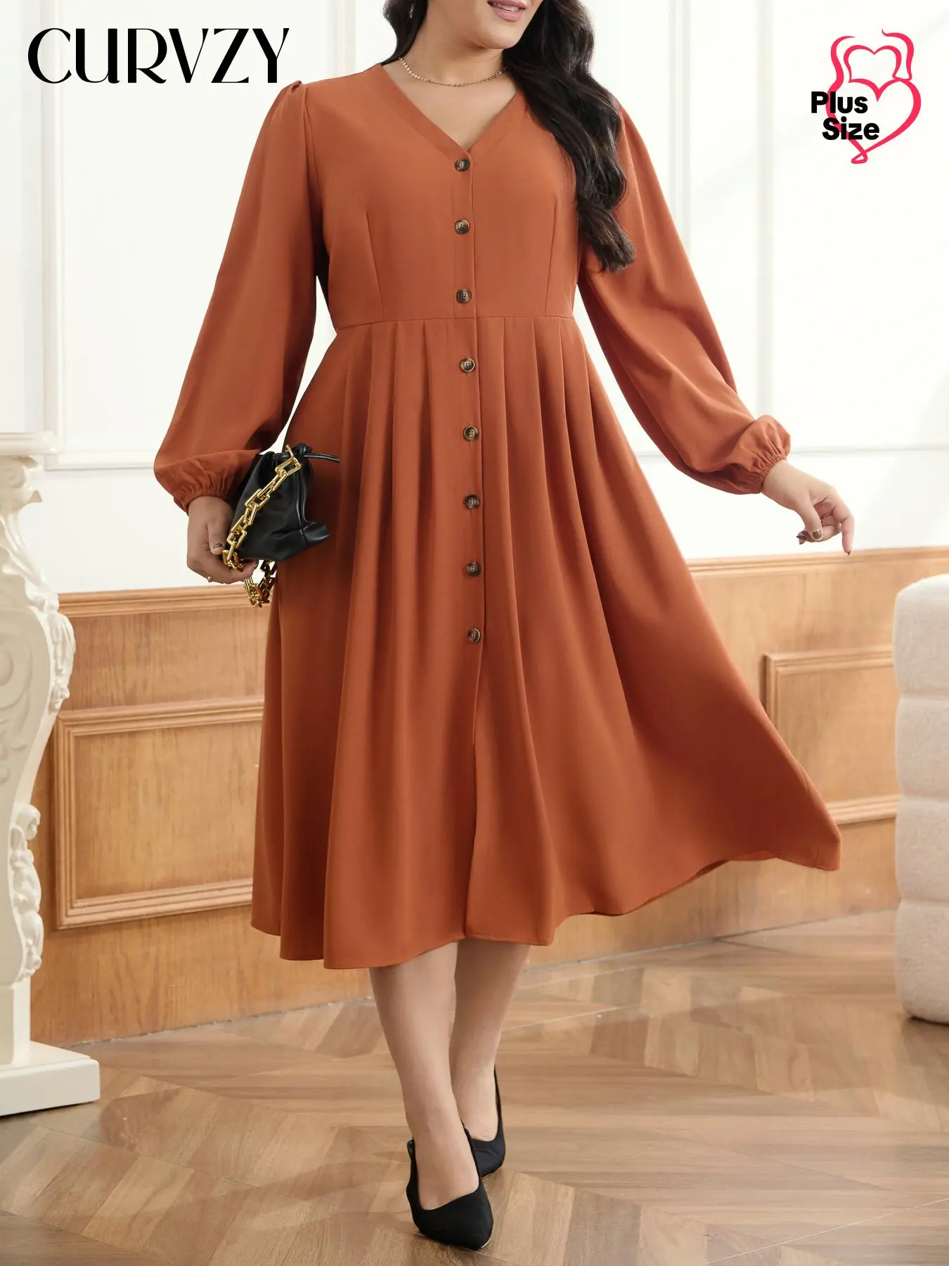 CURVZY Plus Size Plain Bishop Sleeve Button Front A Line Dress, Elegant V Neck Long Sleeve Dress for Spring & Fall, Women's Clothes for Daily Wear