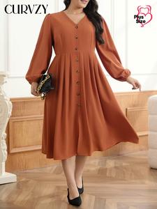 CURVZY Plus Size Plain Bishop Sleeve Button Front A Line Dress, Elegant V Neck Long Sleeve Dress for Spring & Fall, Women's Clothes for Daily Wear