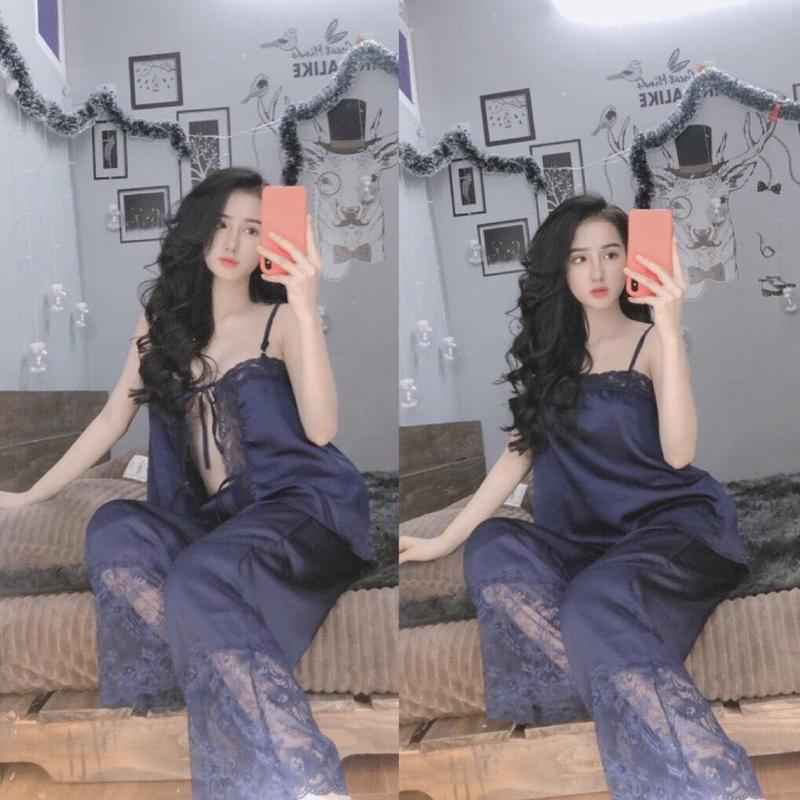 Đồ bộ mặc nhà 2 dây Sexy lụa Latin kết hợp ren Nữ Áo Women Tua Rua 5