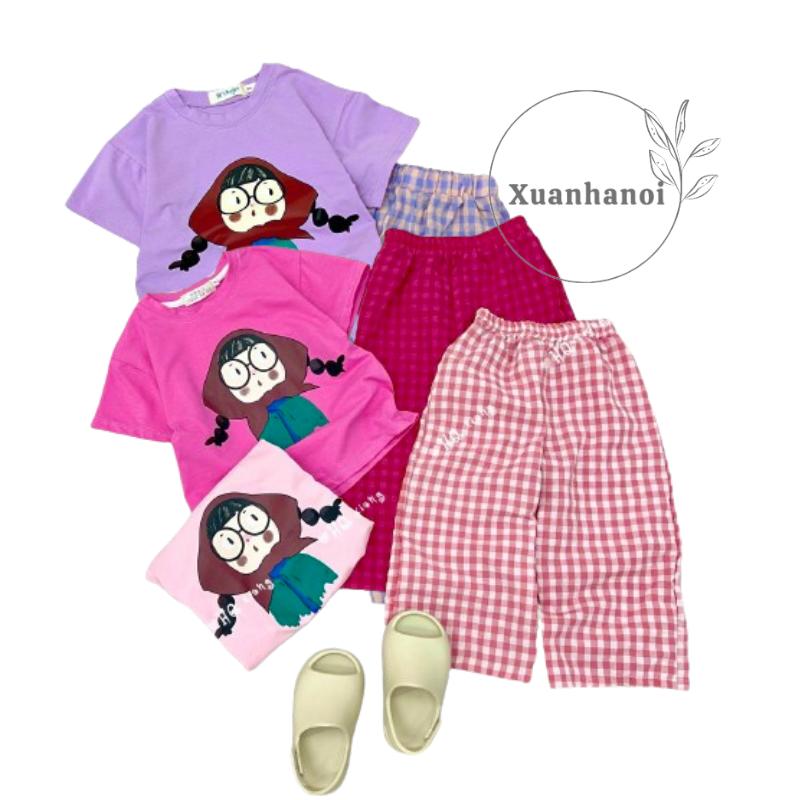 Bộ quần áo bé gái áo cotton bé tóc 2 bên và quần suông kẻ caro ống rộng (ảnh thật) 10-40kg XHN1556