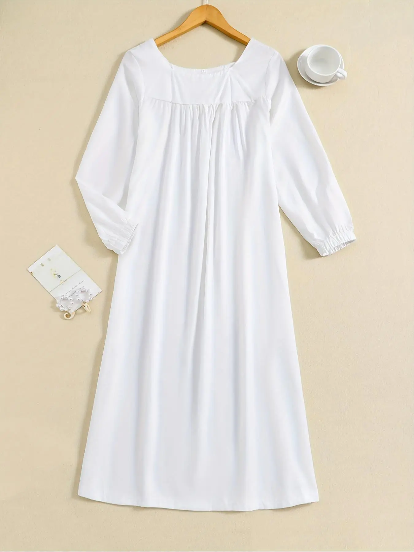 Women's Solid Color Square Neck Long Sleeve Nightdress, Casual Comfy Nightgown for All Seasons, Soft Comfy Sleepwear for Women