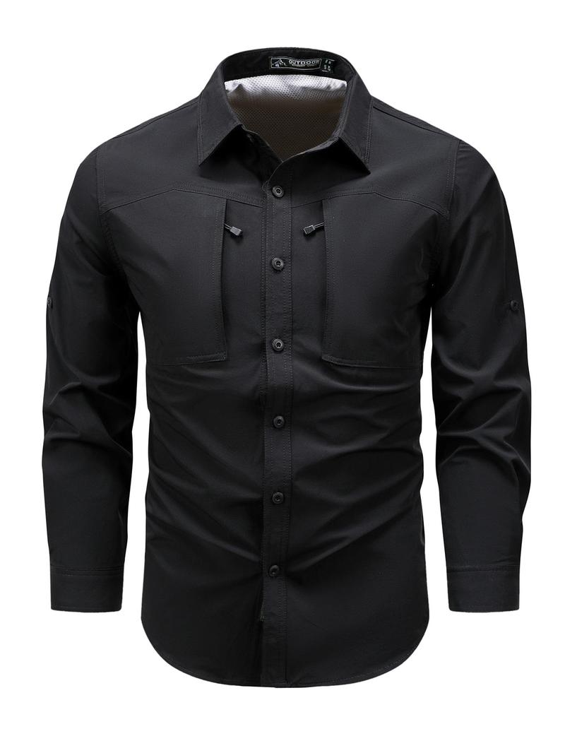 Product Introduction of Men's Solid Long Sleeve Button Up Shirt, Regular Fit Casual Quick Drying Breathable Sports Top for Outdoor Activities, Men's Clothes for All Seasons, Menswear 1