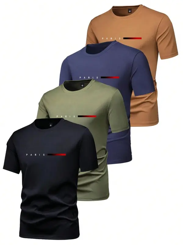 Men's Letter Tape Short Sleeve Tee, Regular Fit Casual Round Neck T-shirt for Summer, Men's Top for Daily Wear 0