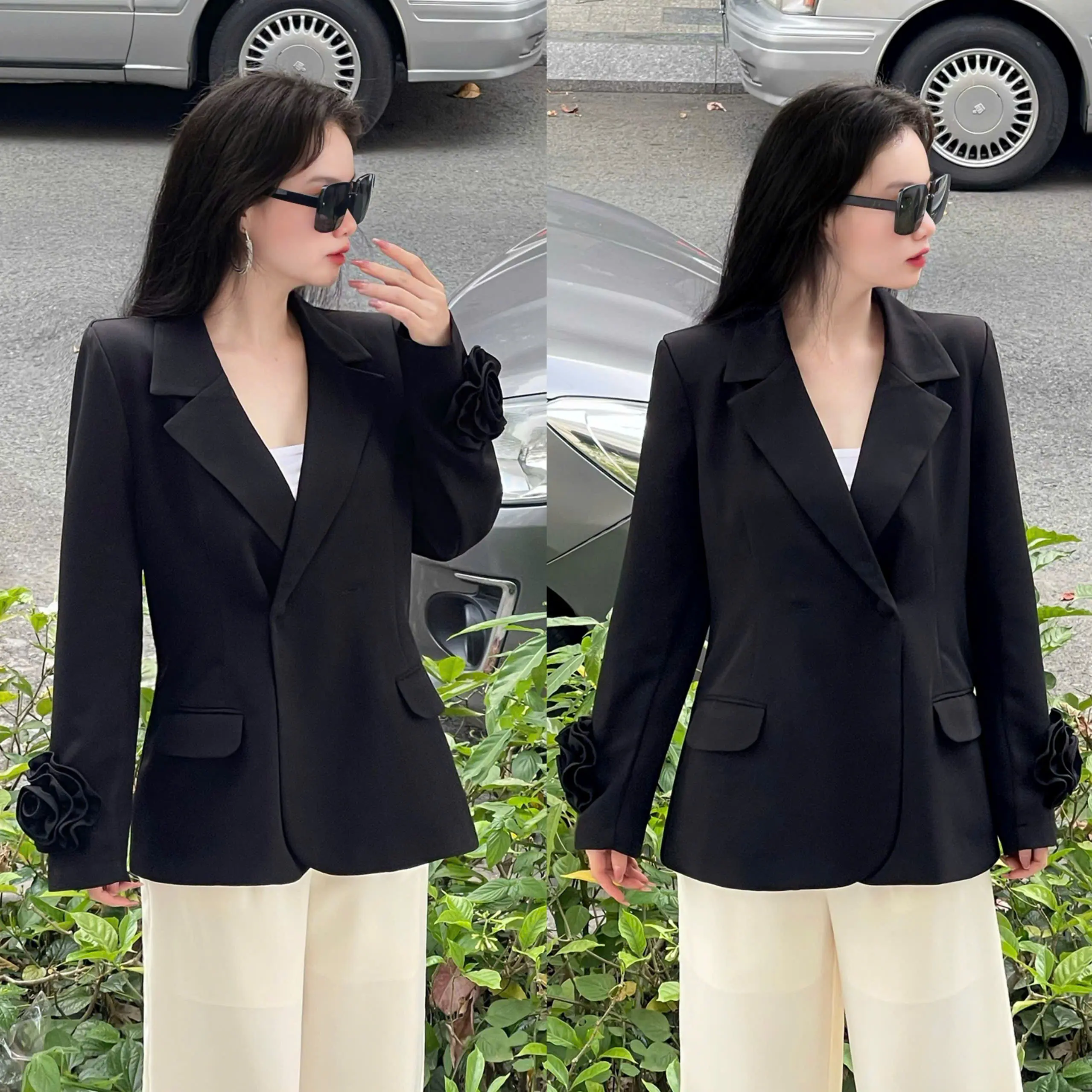 Áo Khoác Vest Blazer Nữ FORM RỘNG Thiết Kế EMME Đính Hoa 2 Tay Phối Túi Cách Điệu AK154
