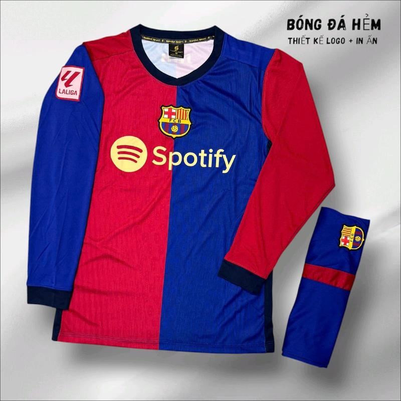 Bộ quần áo bóng đá Barca sân nhà tay dài vải thun lạnh, Đồ đá banh dài tay Barca Nam Nữ