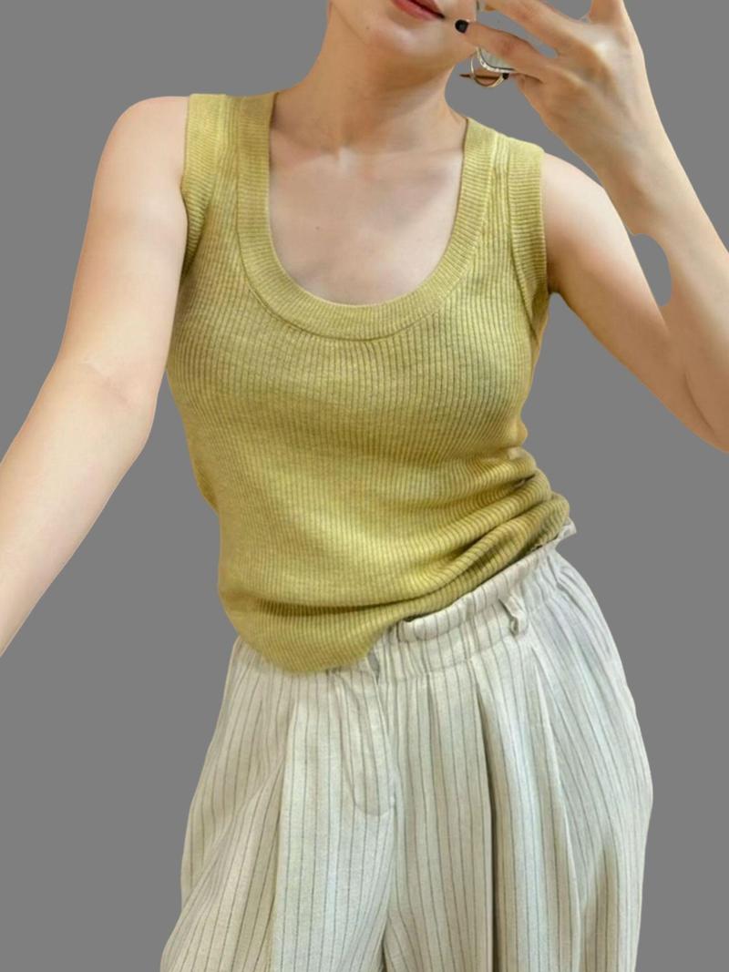 Product Introduction of Áo Vest Dệt Kim Cổ Chữ U Mỏng Bằng Lụa Lạnh Màu Vàng Nhạt, Trắng Và Phong Cách Phương Tây, Dành Cho Nữ, Thích Hợp Mặc Mùa Hè Năm 2024, Có Thể Mặc Kèm Áo Yếm Hàng Mới Về Top Kem Women 1