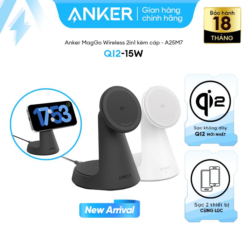 Đế sạc Anker MagGo 1C 15W (2-in-1 Dock Stand, with USB-C cable) | Sạc không dây dây 15W chứng nhận Qi2 mới nhất | Sạc 2 thiết bị iPhone & Airpods cùng lúc - A25M7