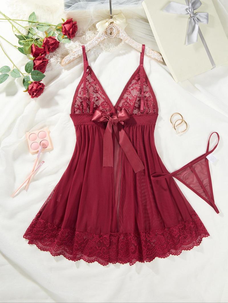 Product Introduction of Women's   Bow Decor Contrast Lace Cami Nightdress & Thong Mesh Sexy Lingerie Set, Adjustable Spaghetti Strap Nighty Dress & Sheer Thong Two-piece Lingerie Set, Ladies' Sleepwear Set for All Seasons 1
