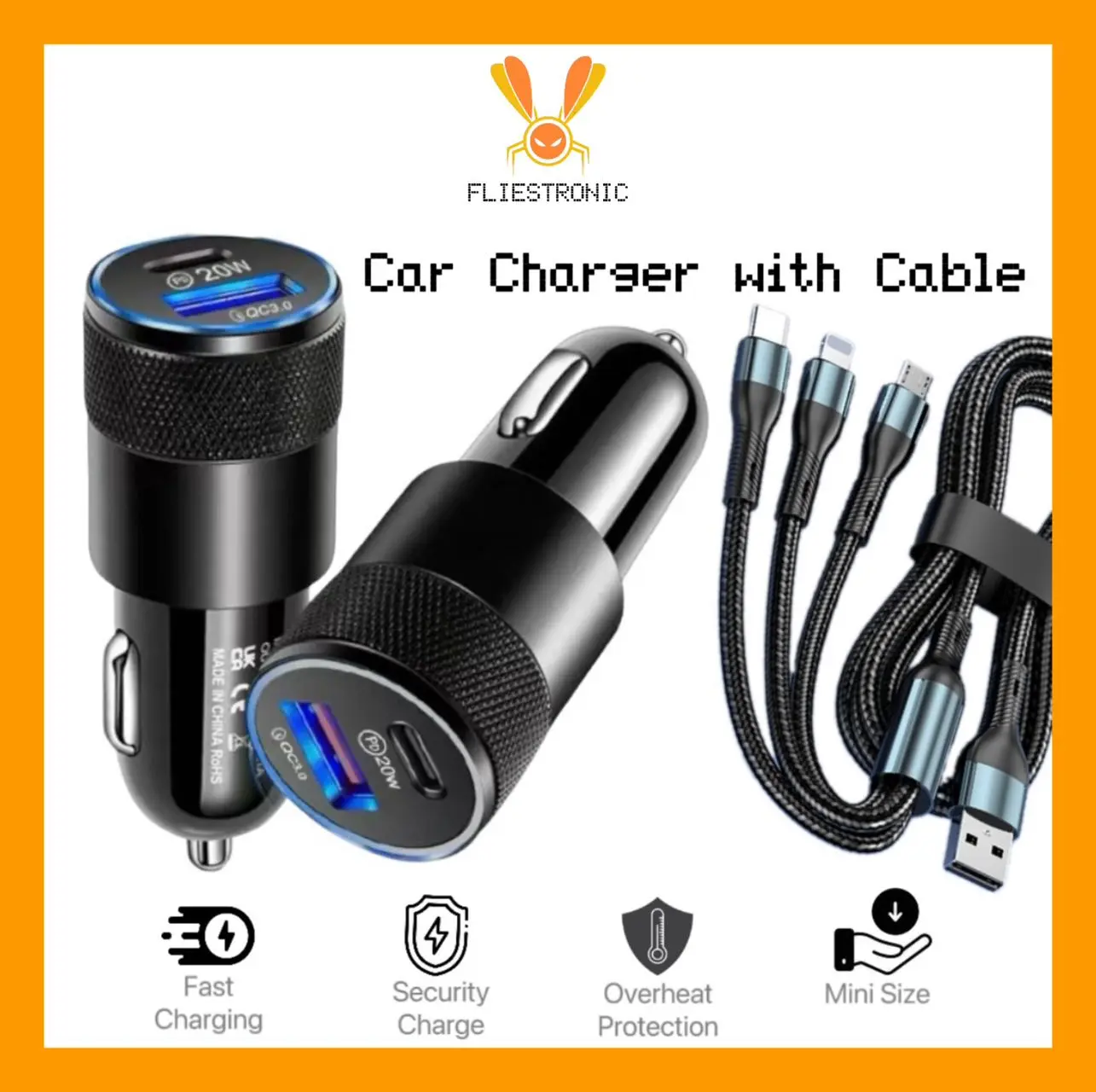COD FLIESTRONIC Car Charger Full Set Kabel 3 in 1 / Colokan Cahrger Mobil / Pengisi Daya 2 Ports Type C USB