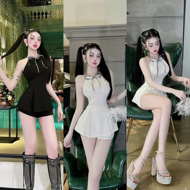 Set áo peplum cổ yếm nơ xẻ tà mix quần short cotton 7