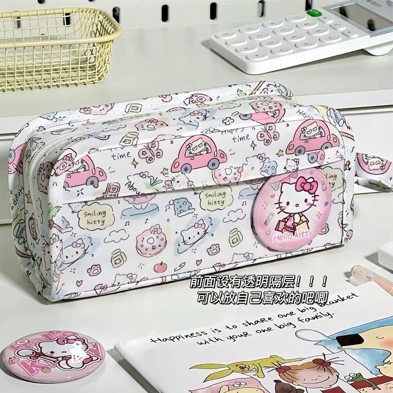 [Tặng sticker gấu trúc/capybara] Hộp bút Hello Ki.tty Túi đựng bút cỡ lớn  nhiều ngăn KAMI TB64 , túi đựng mỹ phẩm, Hộp bút vải họa tiết trong suốt đáng yêu tiện lợi phong cách Hàn Quốc
