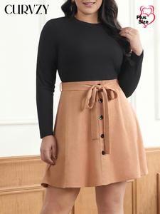 CURVZY Plus Size Colorblock Patchwork Belted Button Front Dress, Casual Fashion Short Dress for Daily Outdoor Wear, Summer Dresses 2025, Women Clothing for All Seasons