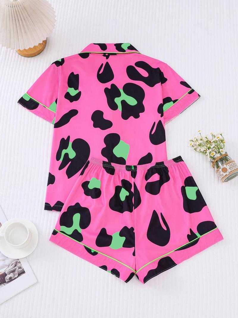 Product Introduction of Two-piece Set Women's All Over Leopard Print Contrast Binding Lapel Shirt & Shorts Pyjama, Casual Comfy Short Sleeve Pocket Top & Shorts Pj Set, Pajamas, Ladies Sleepwear for All Seasons, Pajamas 8