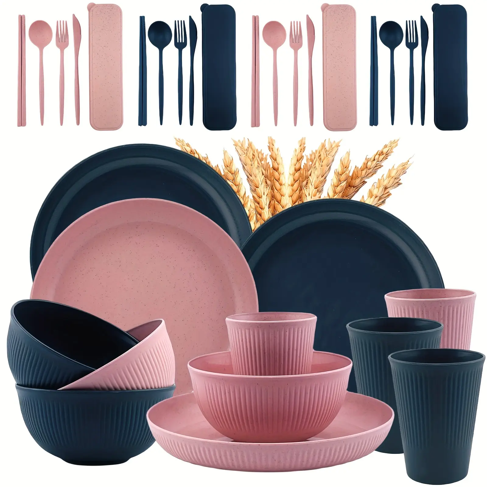 8/32pcs Wheat Straw Dinnerware Set - Lightweight & Unbreakable Plastic Dinnerware Set with Cutlery Set, Dinner Plates Cereal Bowls Cups - Microwave & Dishwasher Safe - Perfect for Camping Picnic RV, Dorm Household Essentials (Pink & Navy Combos)