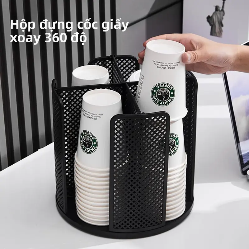 Giá đựng cốc giấy xoay 360° 4 ngăn đựng cốc cà phê dùng một lần và nắp đựng đồ lưu trữ để bàn 0